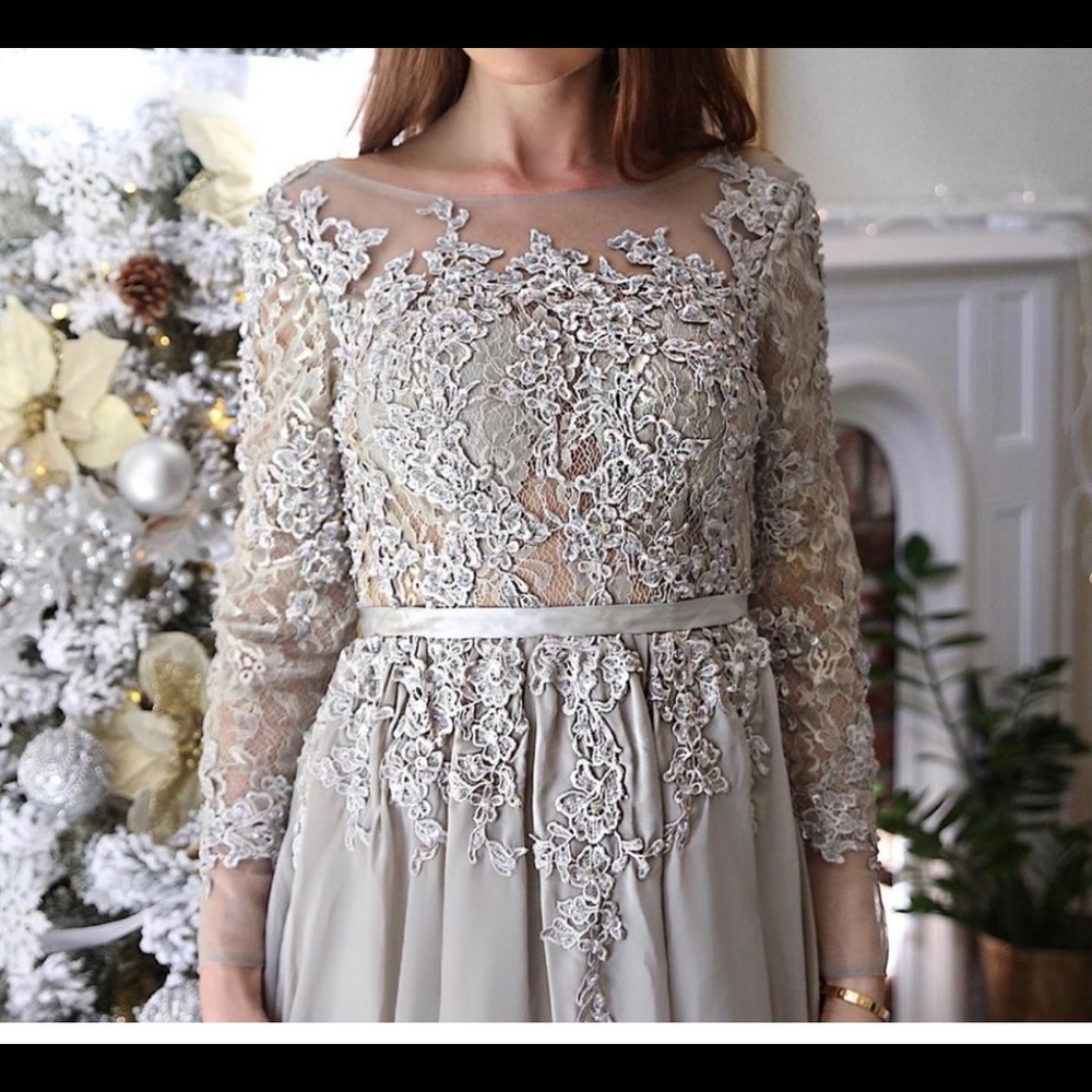 Lace Appliqué Maxi Dress in Silver Gray - Picture 2 of 6